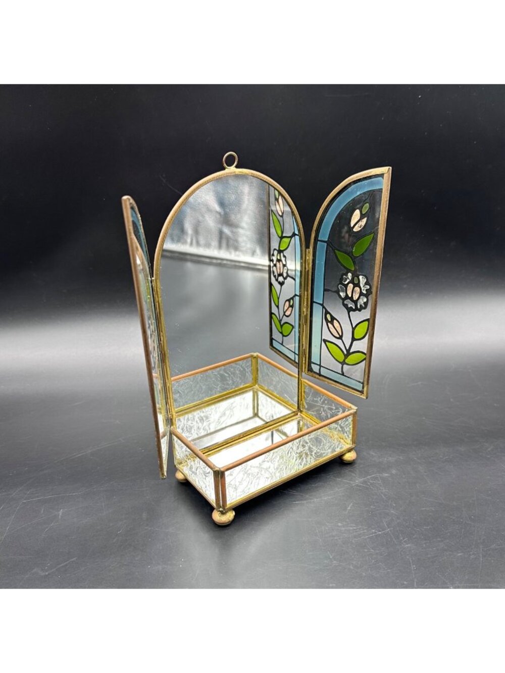 Vintage Shelf Mirrored Wall Hanging Stained Glass Look Doors Jewelry 90s Taiwan